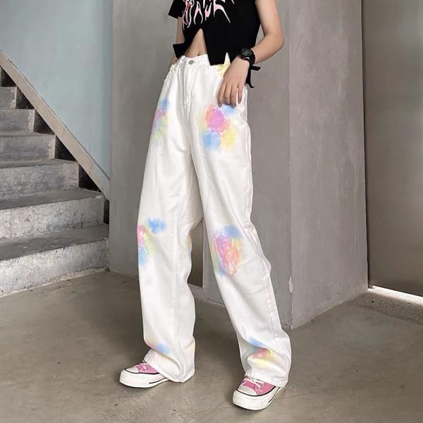 360Home Damen Gerade Weite Loose-Fit Tie-Dye Jeans Weiß